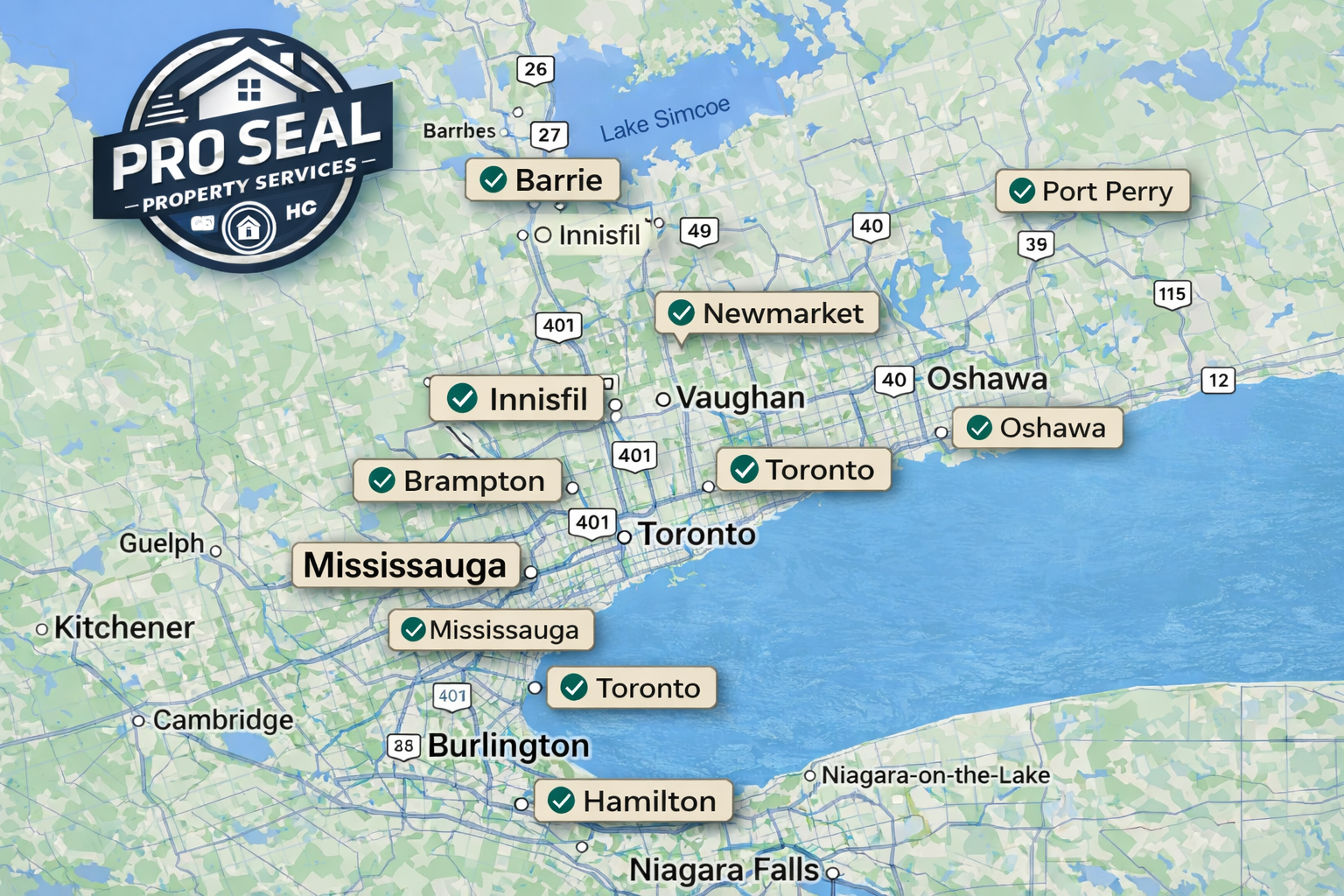 Pro Seal Property Services coverage map showing service areas across the Greater Toronto Area